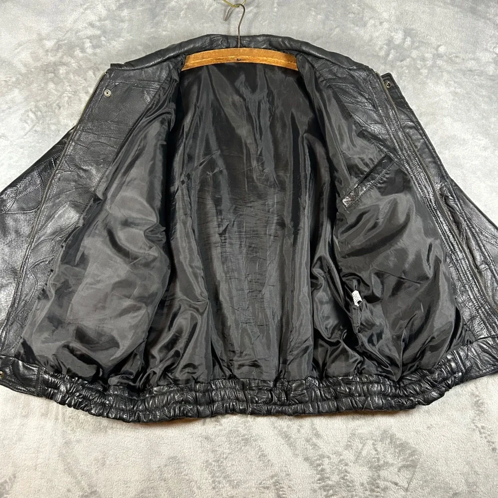 Vintage Patchwork Black Leather Bomber Jacket American Flag Eagle Mens Medium